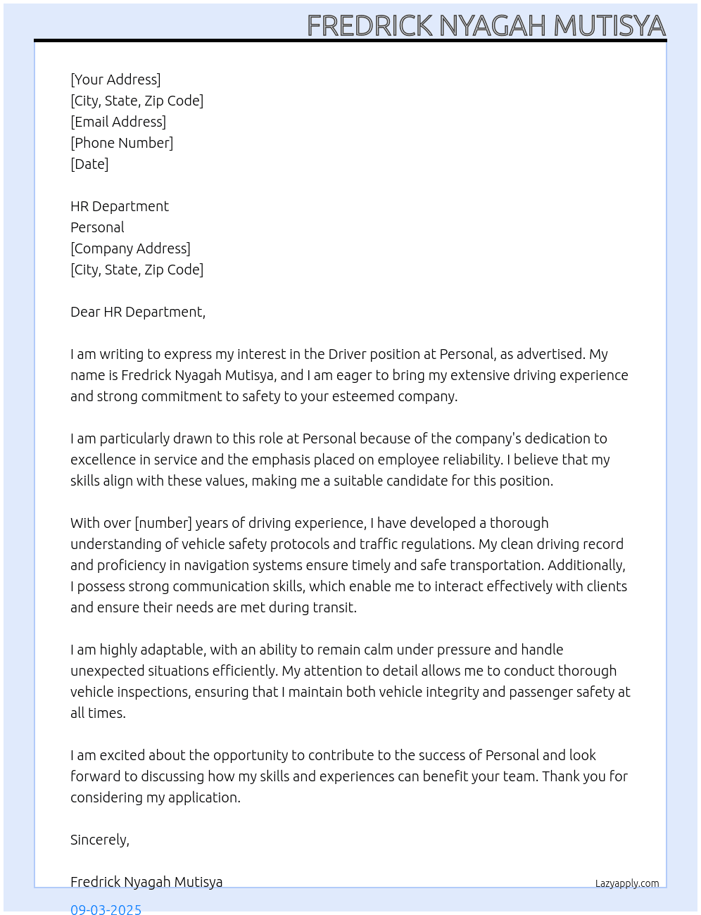 driver At personal Cover Letter