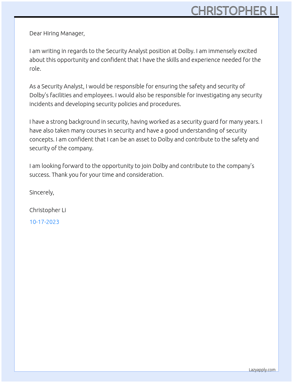 security analyst At dolby Cover Letter