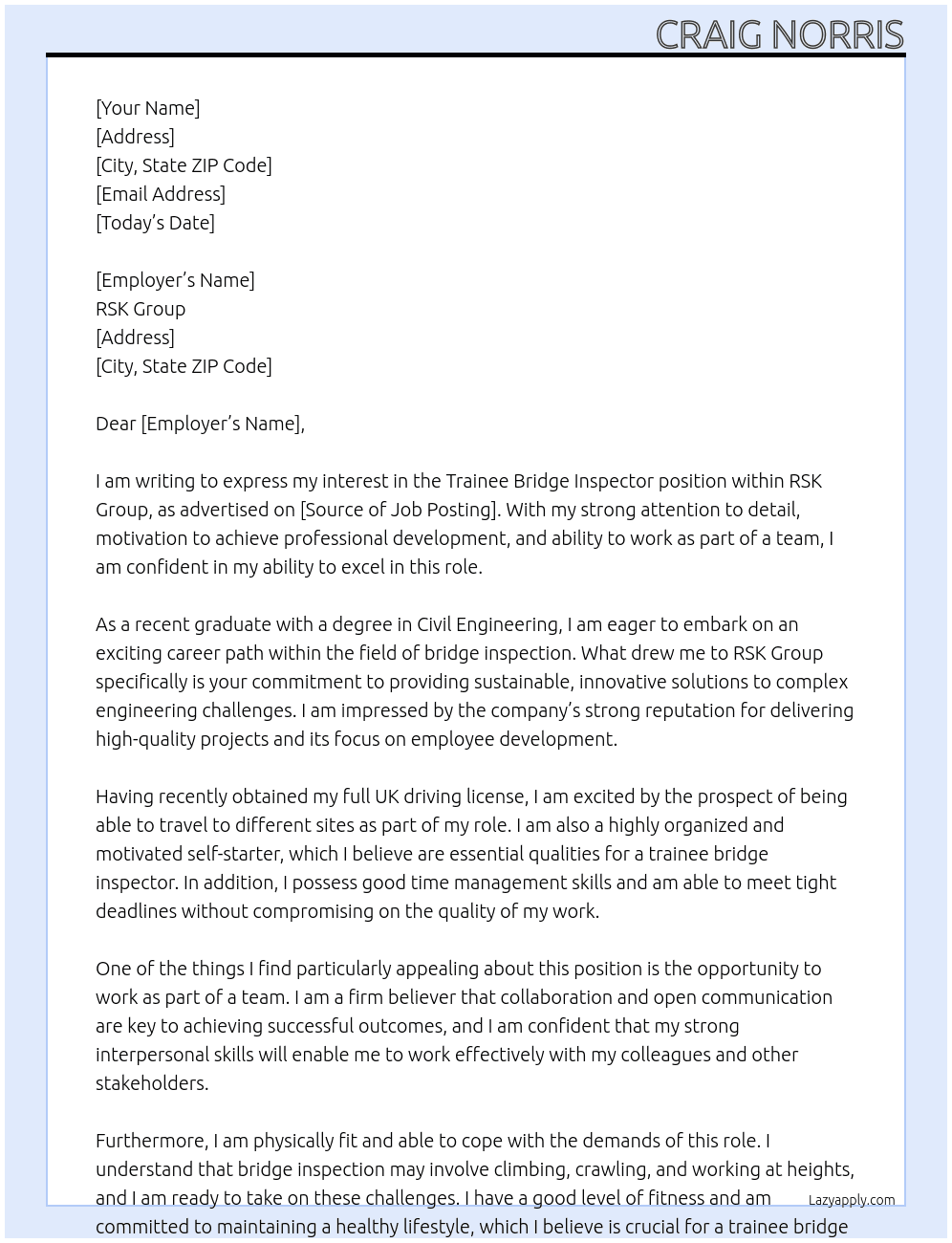Trainee Bridge Inspector At RSK Group Cover Letter