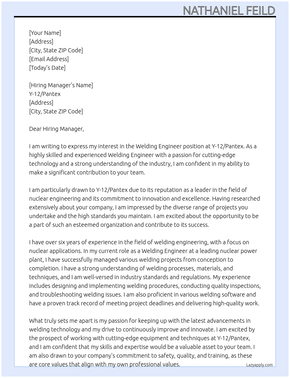 Welding Engineer At Y-12/Pantex Cover Letter