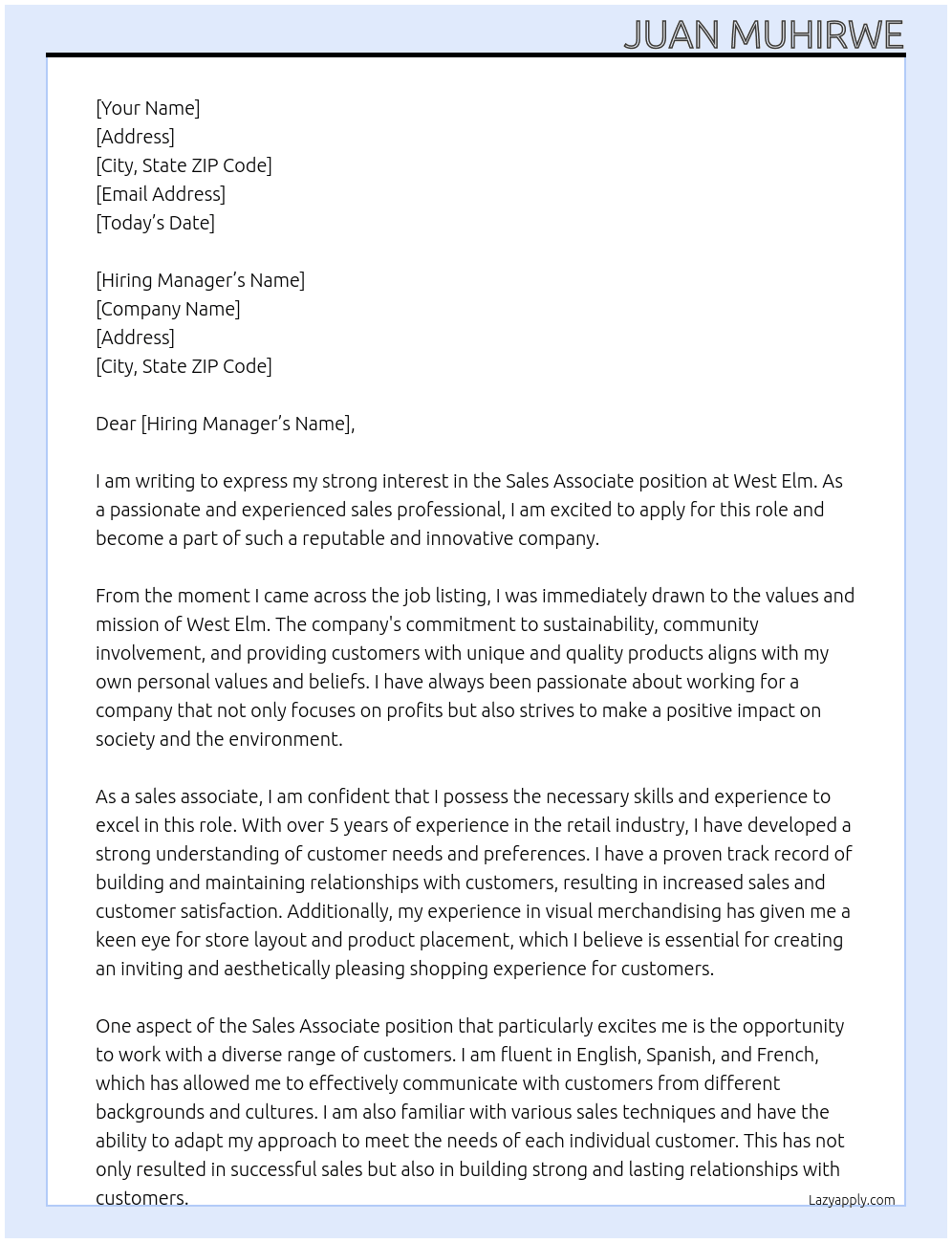 sales associate At West elm Cover Letter