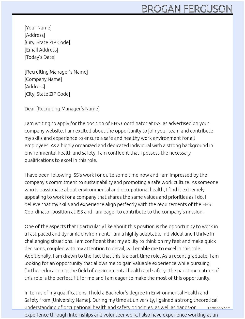 EHS coordinator  At ISS Cover Letter