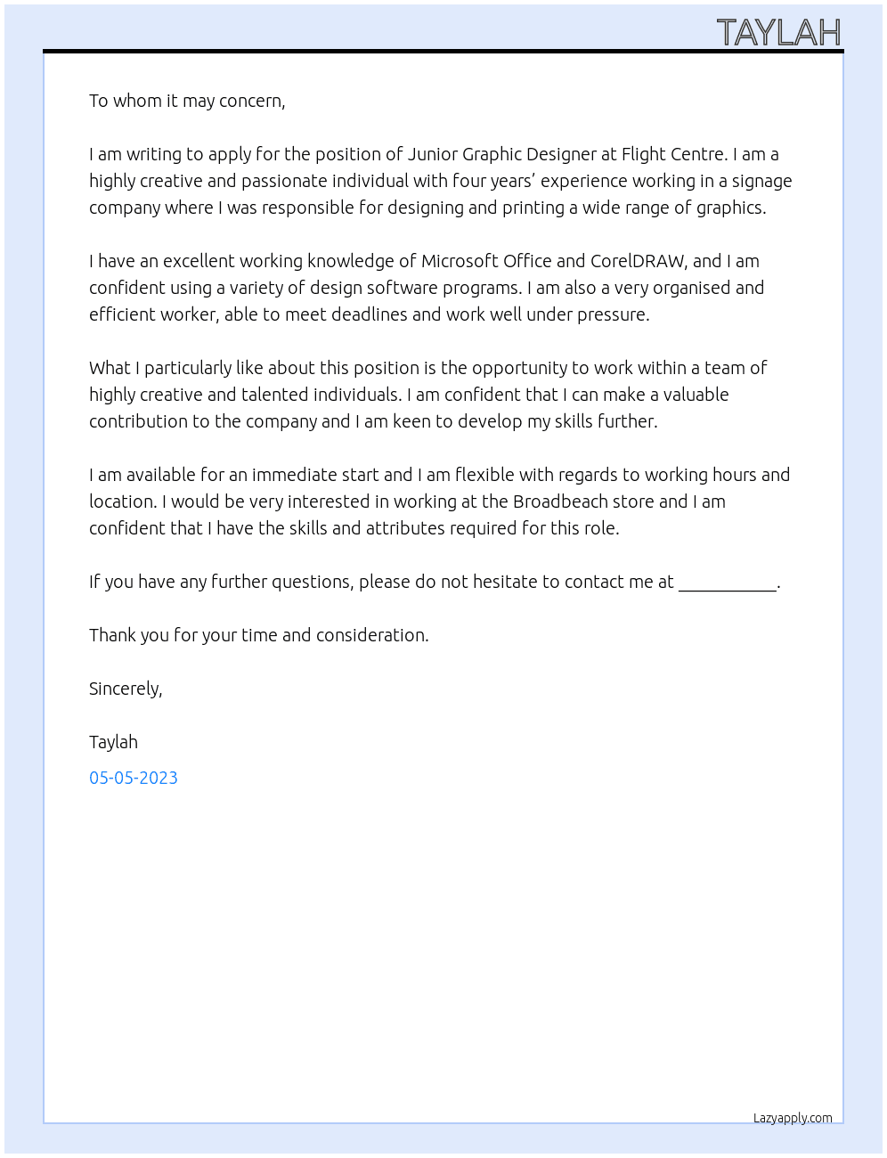 Junior graphic designer At Flight centre Cover Letter