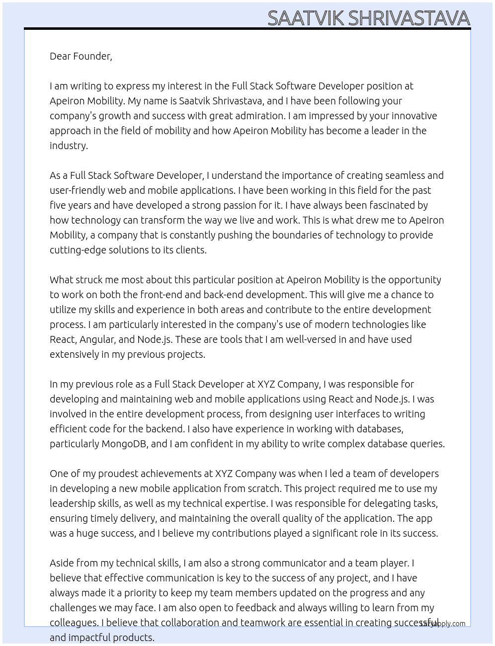  Full Stack Software Developer At Apeiron Mobility Cover Letter