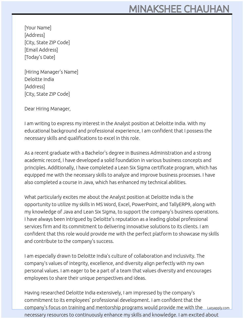 Analyst  At Deloitte India  Cover Letter