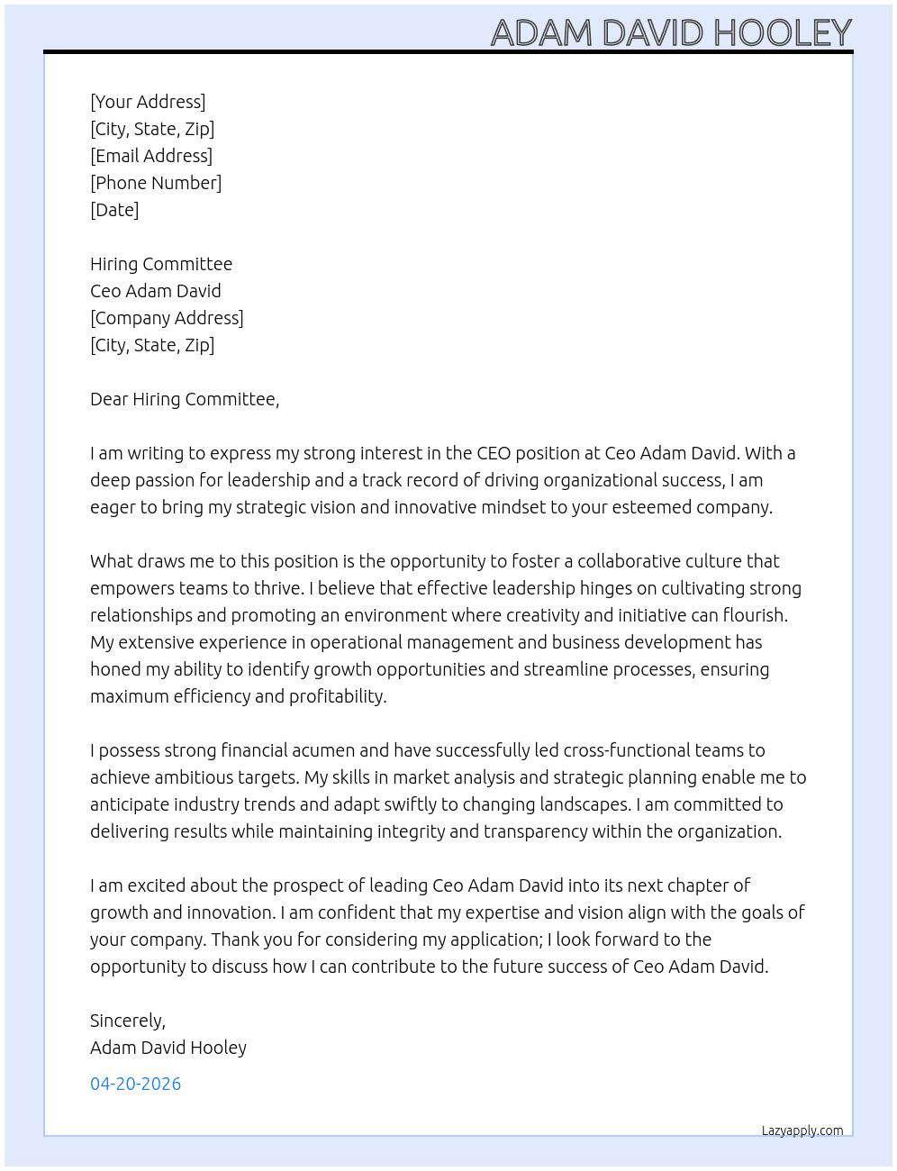Ceo  At Ceo adam david  Cover Letter