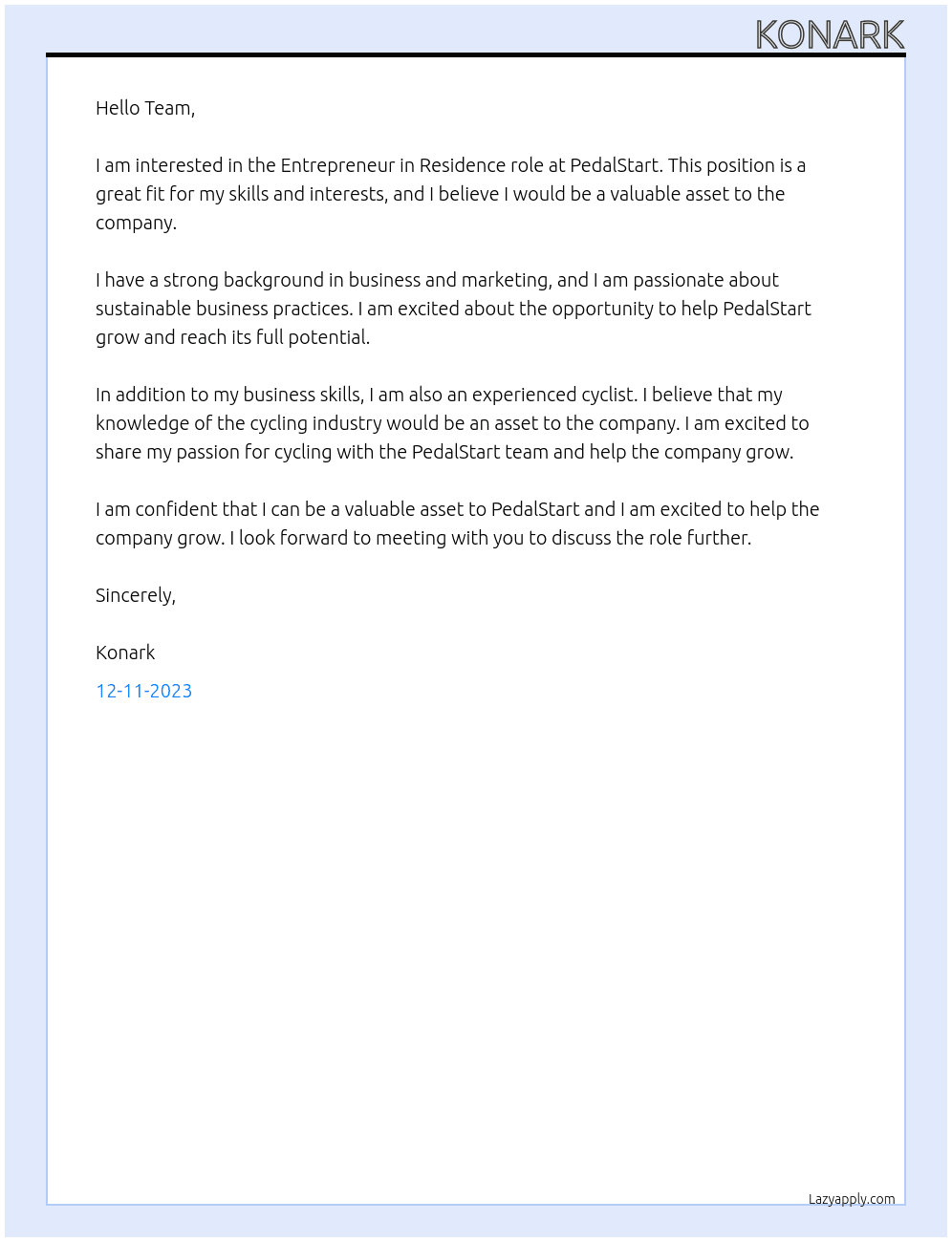 EIR At PedalStart Cover Letter