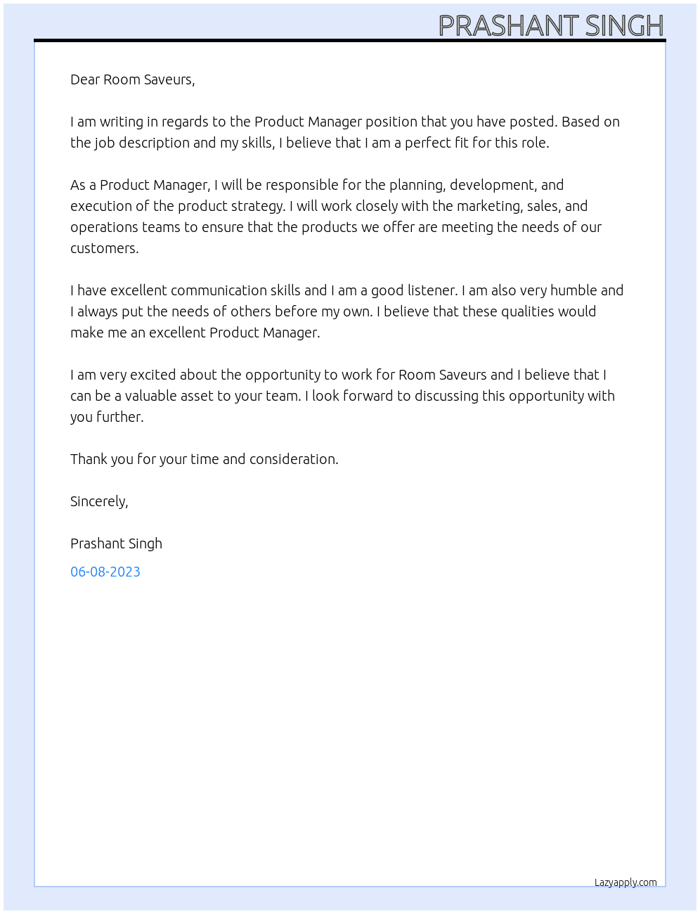 Product manager At Room Saveurs  Cover Letter