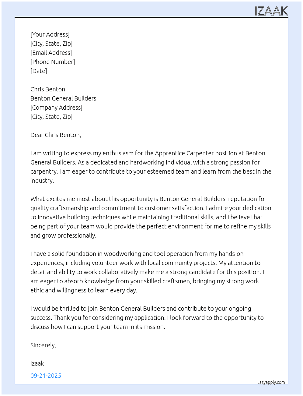 apprentice carpenter At Benton general builders Cover Letter