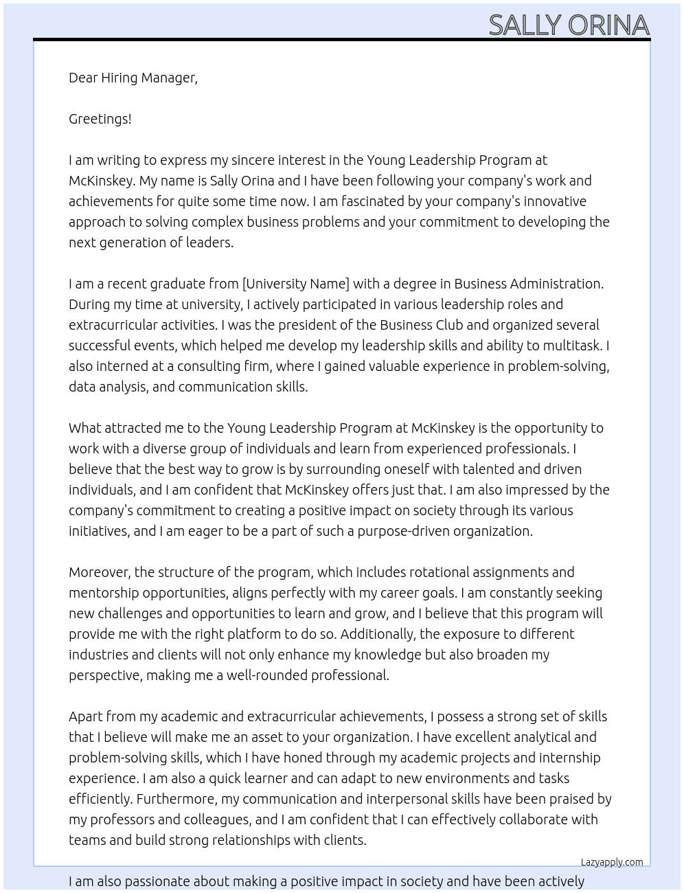 Young Leadership program At McKinskey Cover Letter