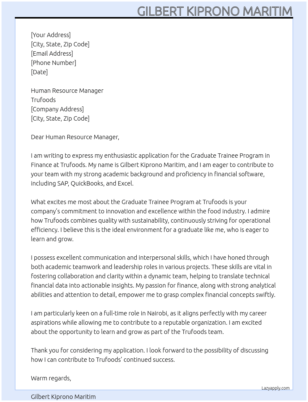 Cover letter for graduate trainee program-finance - LazyApply