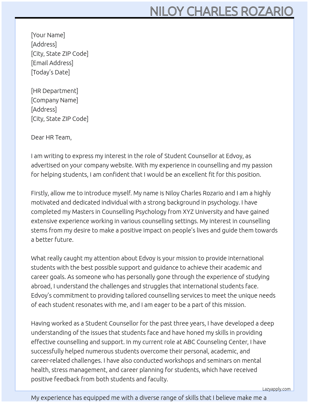 Student Counsellor At Edvoy Cover Letter