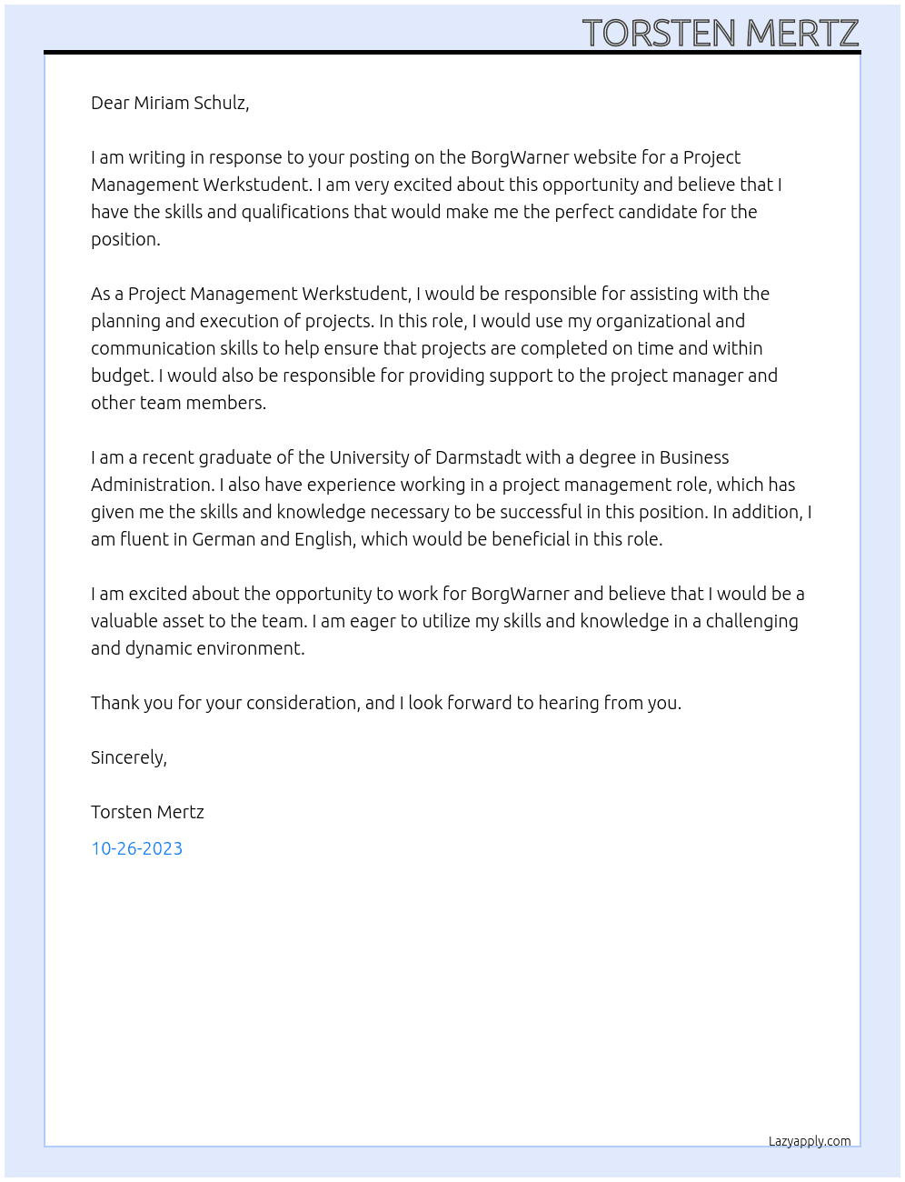 Werkstudent Projektmanagement At BorgWarner Cover Letter