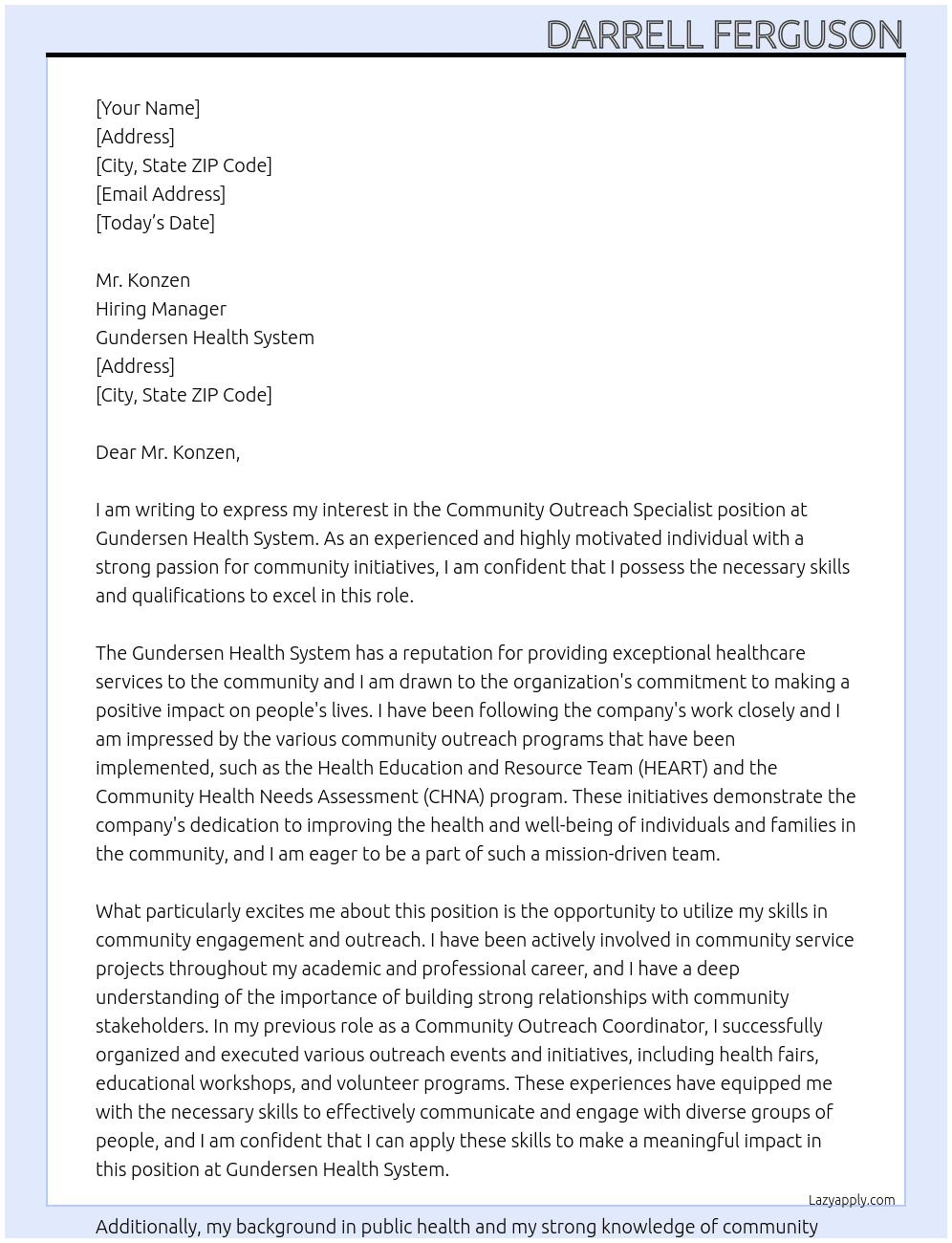 Community Outreach Specialist At Gundersen Health System Cover Letter