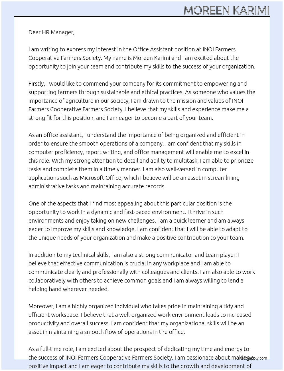 office assistant At INOI FARMERS COOPERATIVE FARMERS SOCIETY Cover Letter