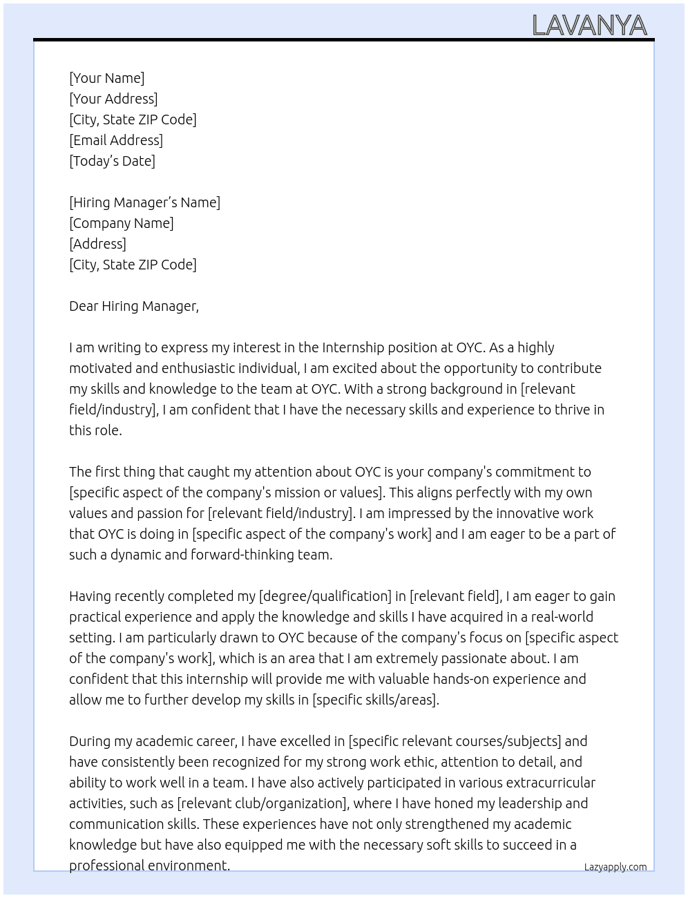 Internship  At OYC Cover Letter