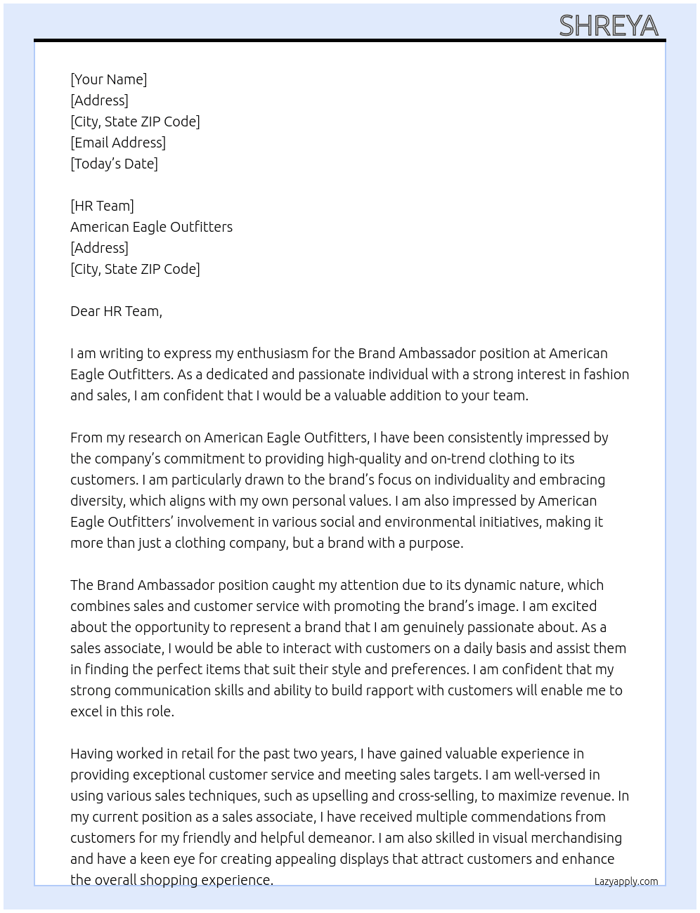 Brand Ambassador (Sales Associate) At American Eagle Outfitters Cover Letter