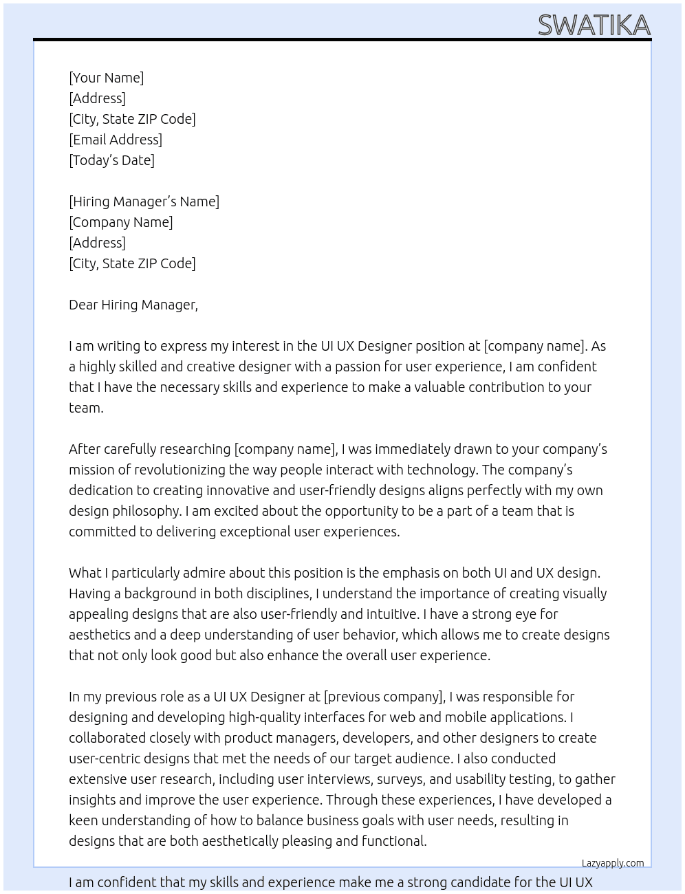 UI UX Designer At none Cover Letter