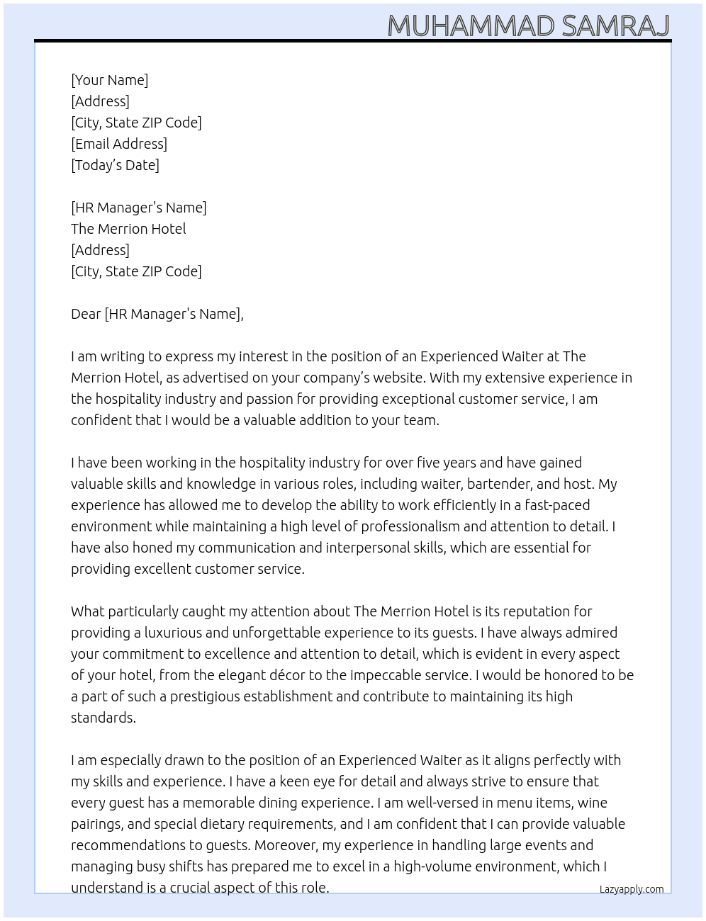 Experienced Waiter At The Merrion Hotel Cover Letter