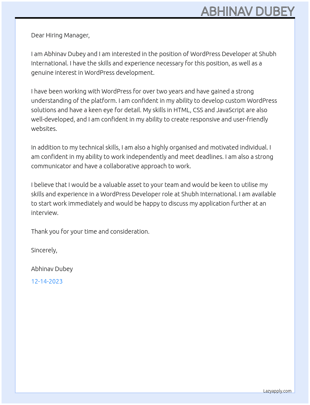 WordPress Developer At Shubh International Cover Letter