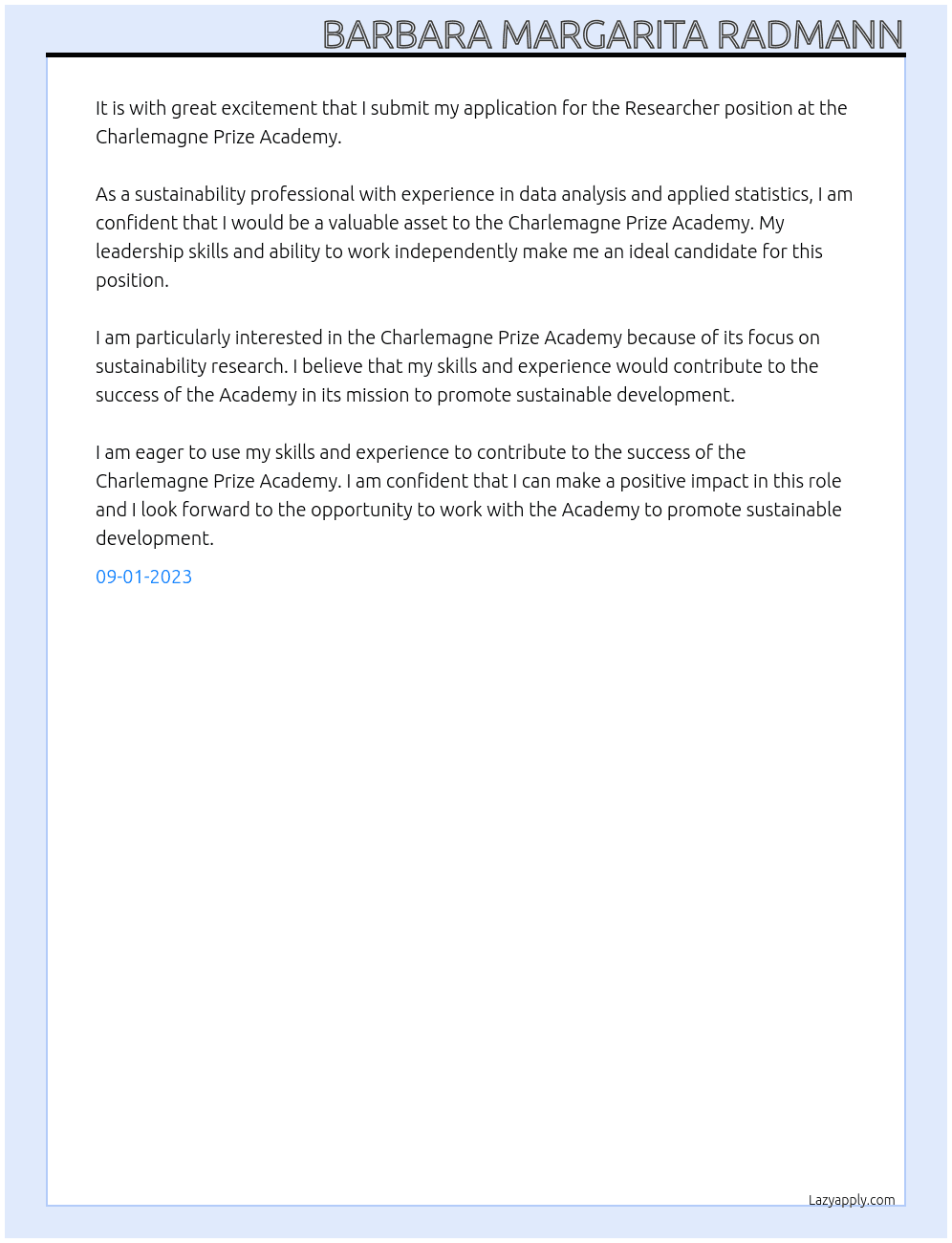 Researcher  At Charlemagne Prize Academy Cover Letter