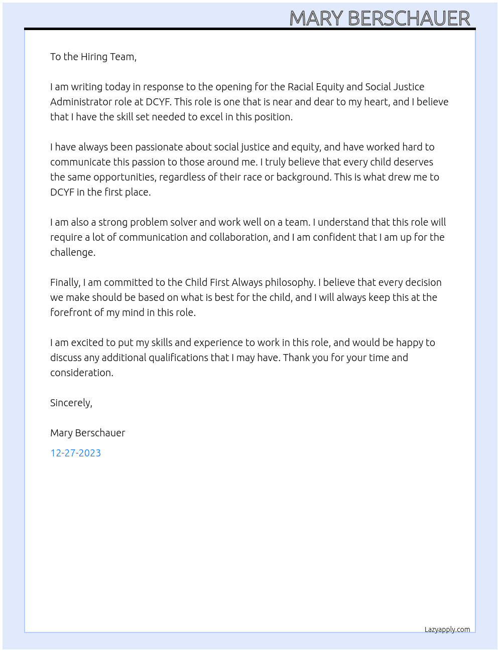 Racial Equity and Social Justice Administrator At DCYF Cover Letter