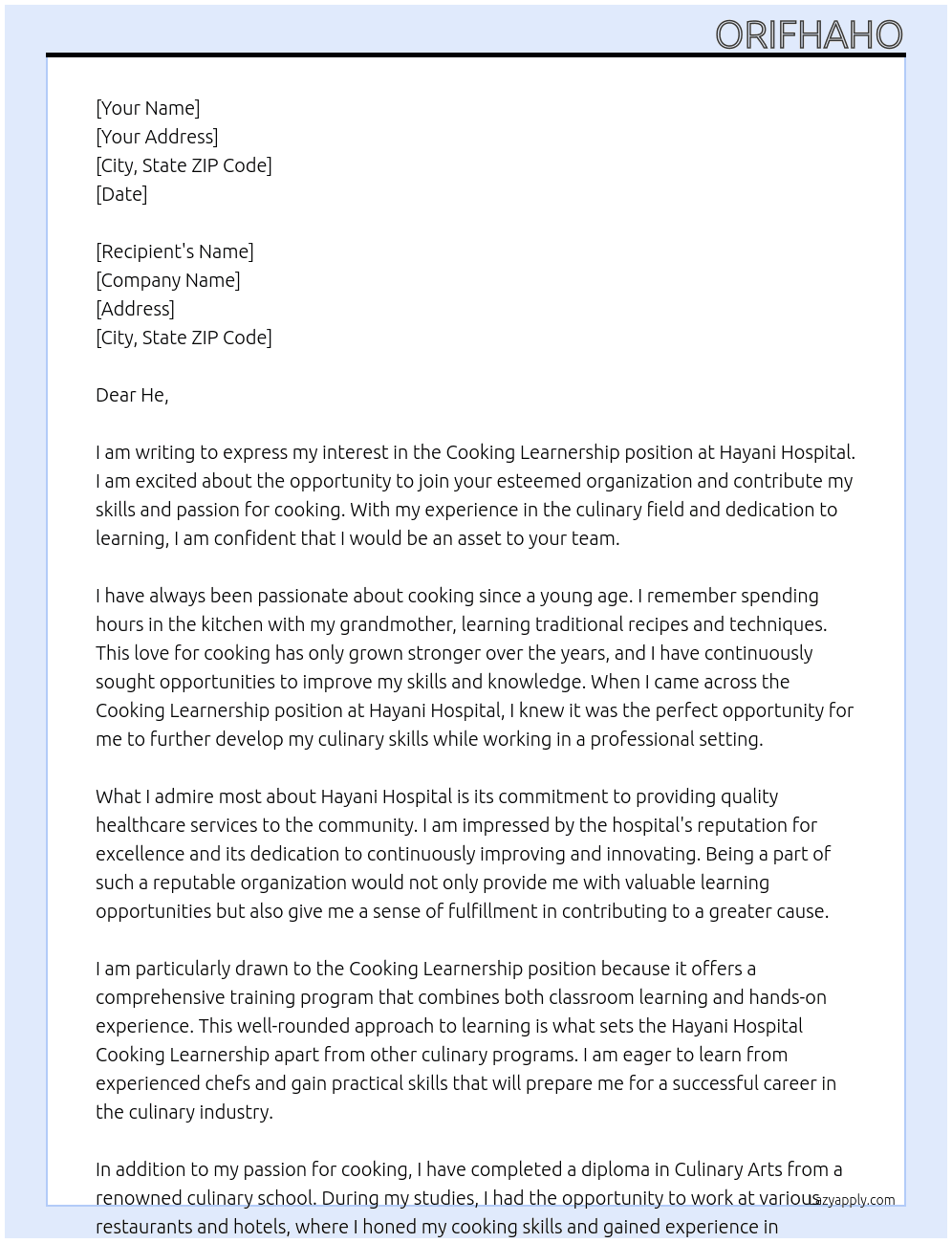 Cooking learnership At Hayani hospital Cover Letter
