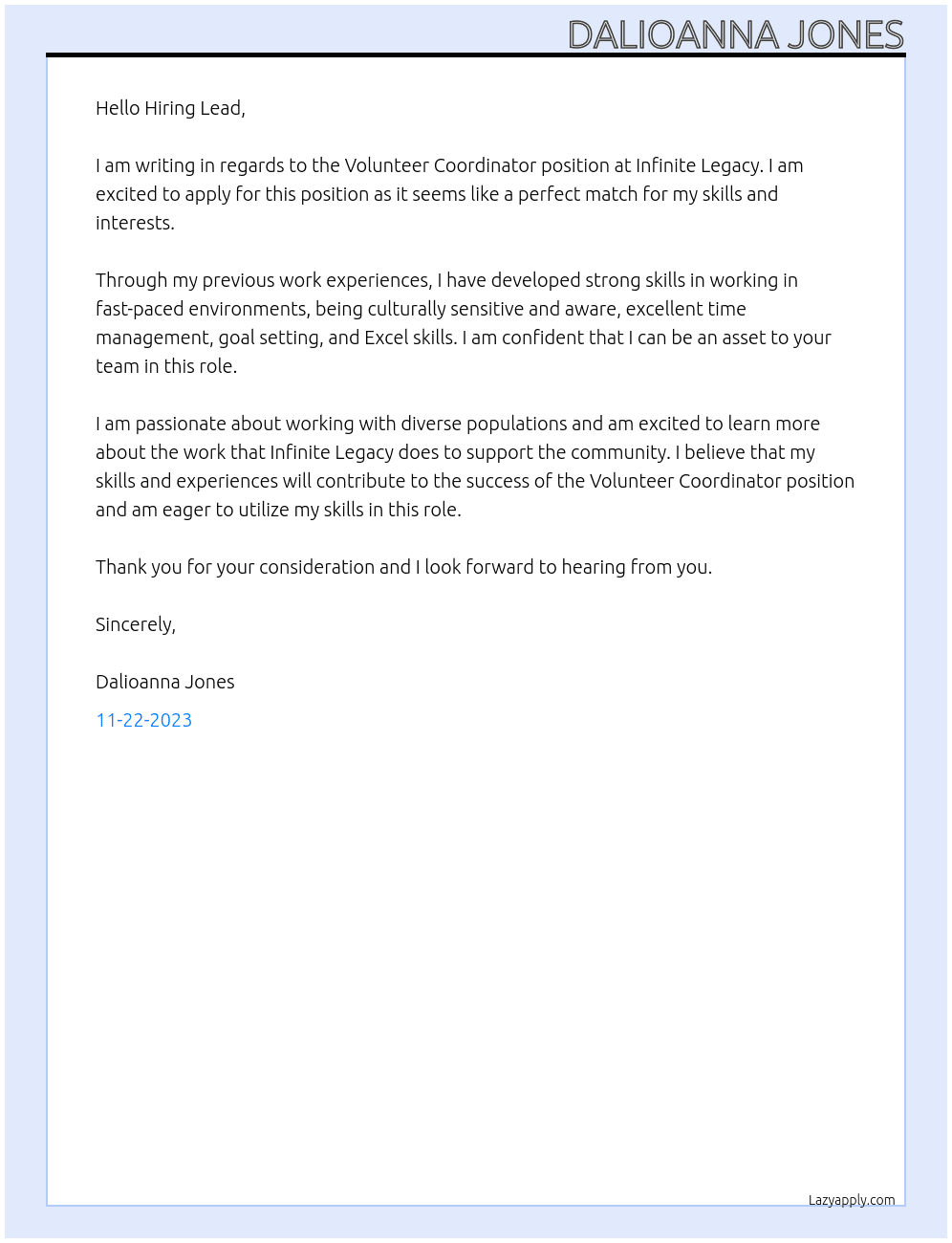 Volunteer Coordinator At Infinite Legacy Cover Letter