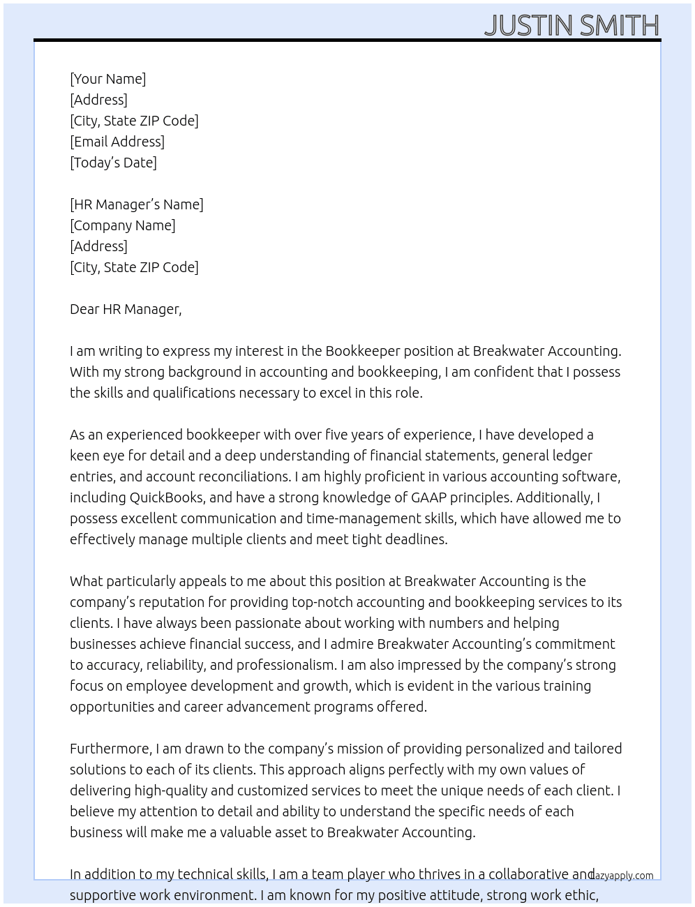 BookKeeper At Breakwater Accounting Cover Letter