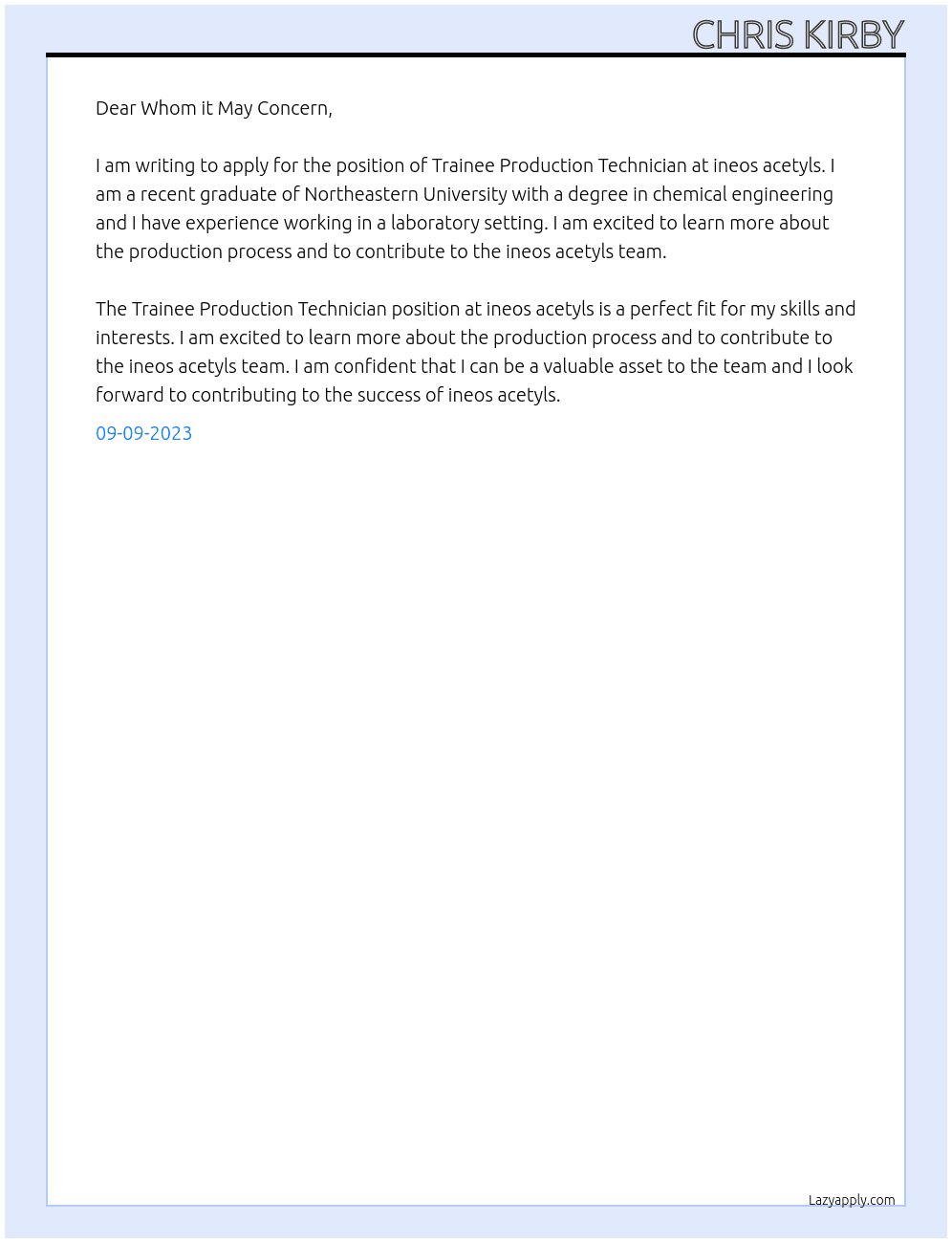 Trainee Production Technicians At ineos acetyls Cover Letter