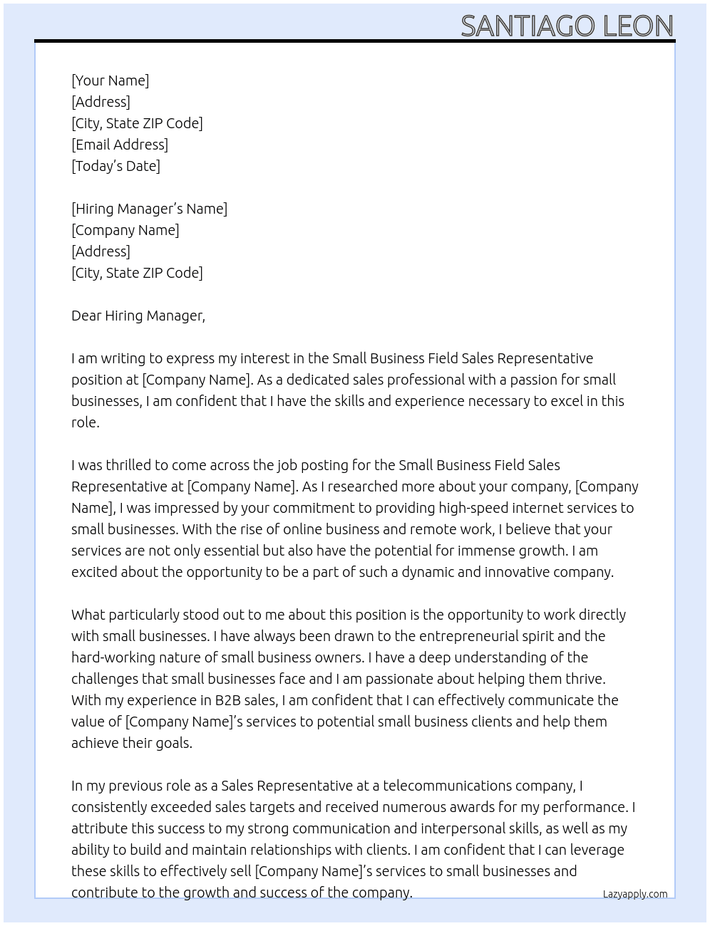 Small Business Field Sales Representative At Gfiber Cover Letter