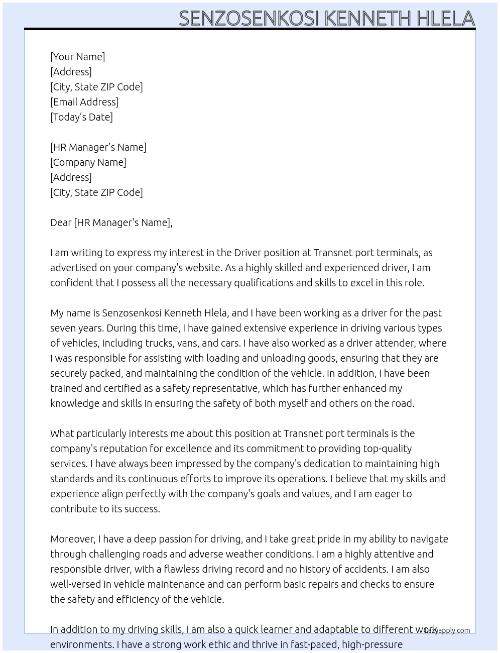 Driver At Transnet port terminals  Cover Letter