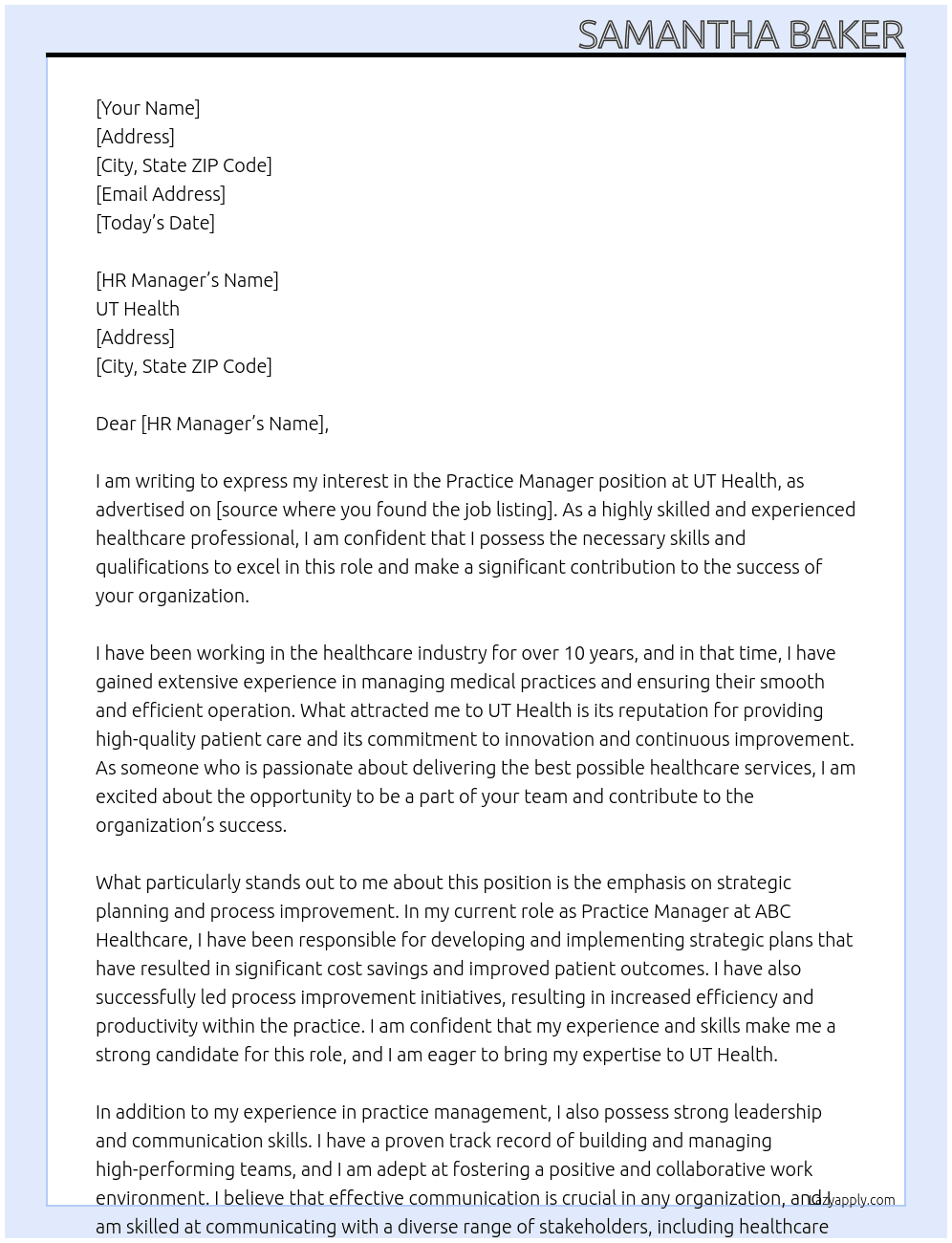 Practice Manager At UT Health Cover Letter