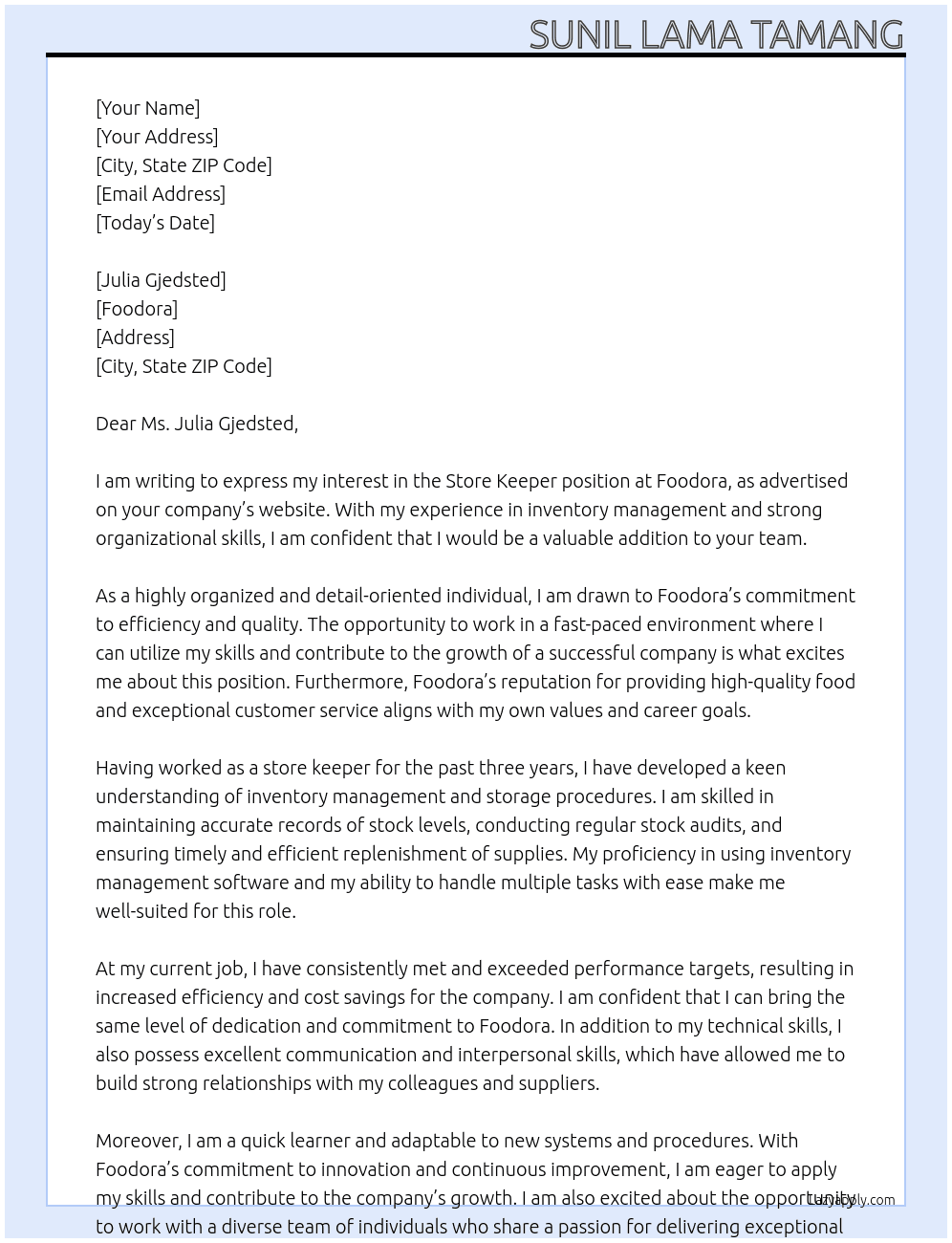 Store Keeper At Foodora Cover Letter