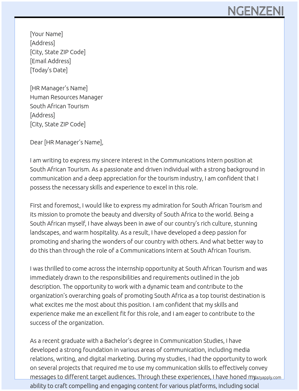 Communications Intern At South African Tourism  Cover Letter