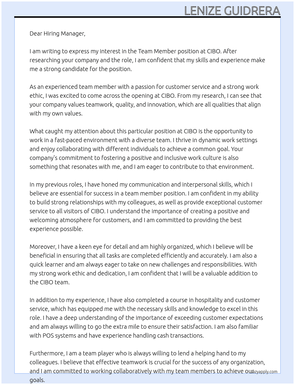 Team Member At CIBO Cover Letter