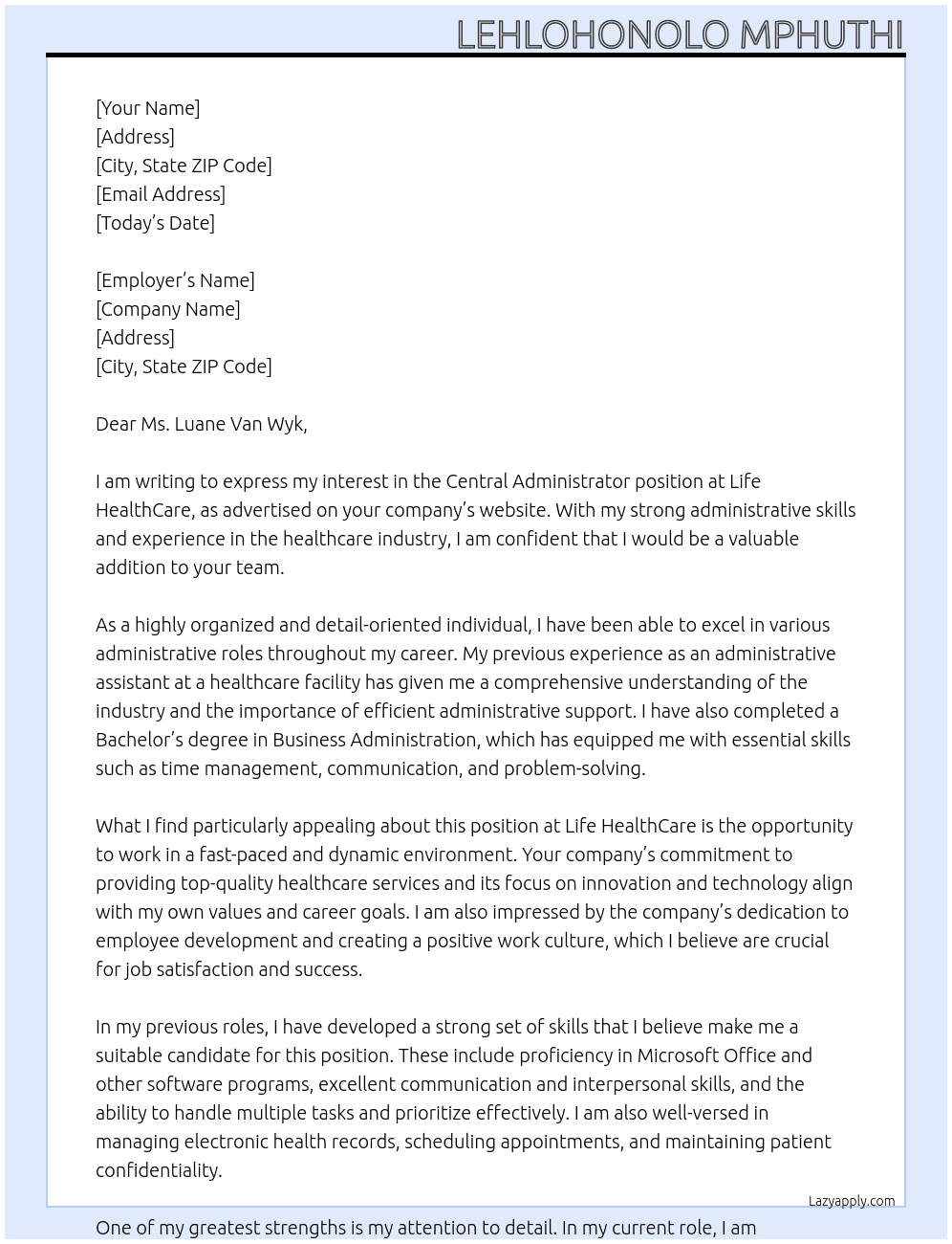 Central Administrator At Life HealthCare Cover Letter
