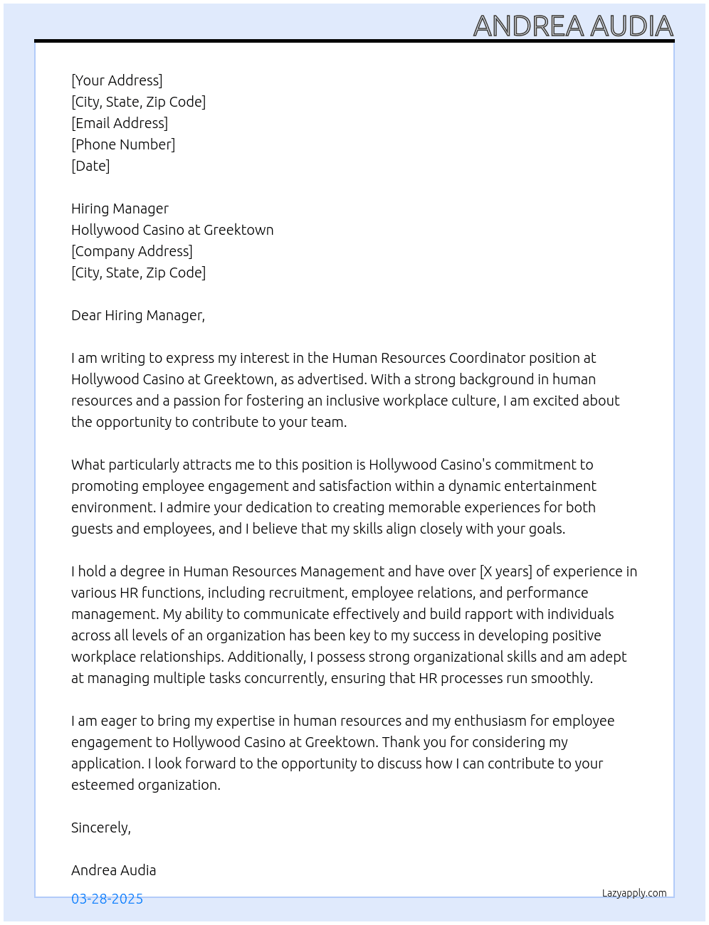 Human Resources Coordinator  At Hollywood Casino at Greektown Cover Letter