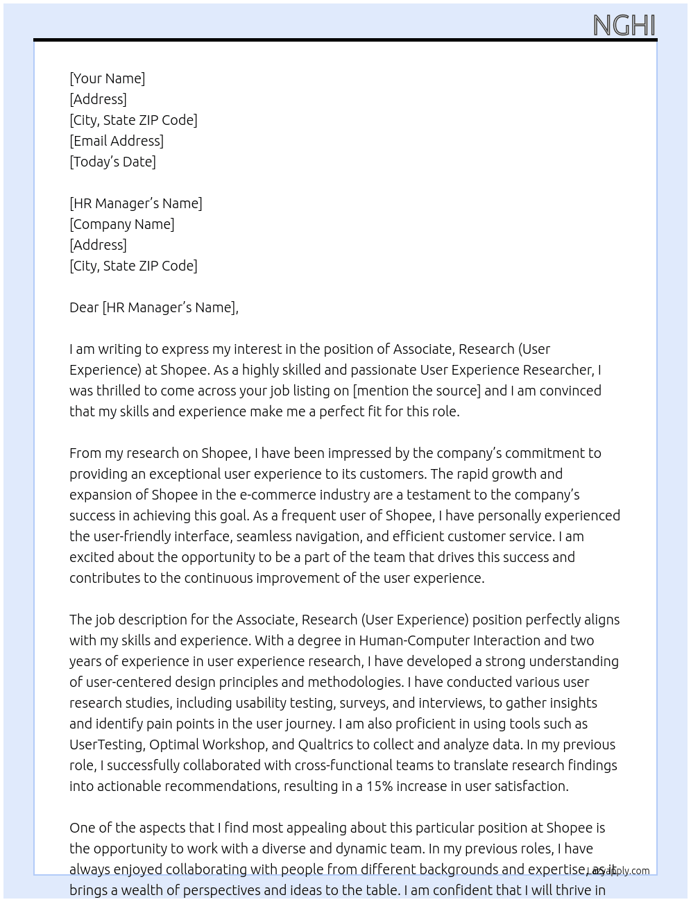 Associate, Research (User Experience)  At Shopee Cover Letter