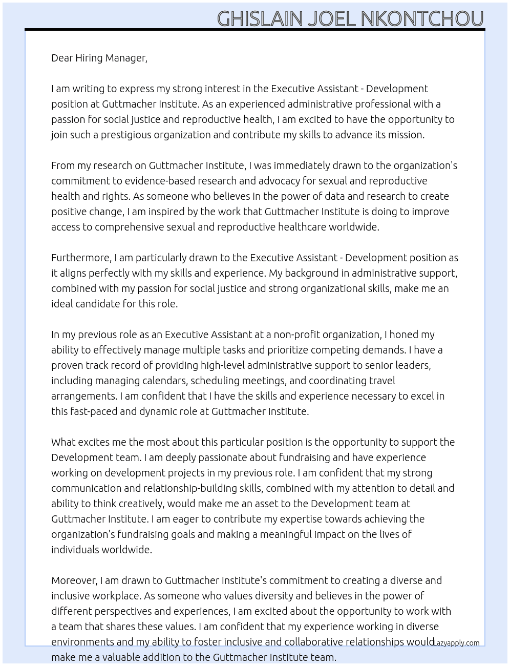 Executive Assistant - Development At Guttmacher Institute Cover Letter
