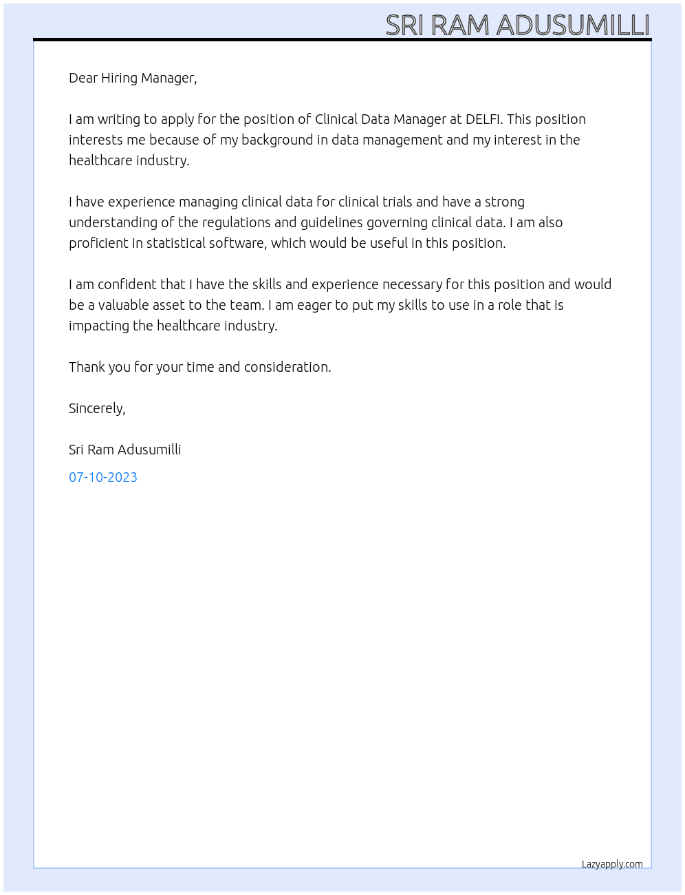 Clinical Data manager  At DELFI Cover Letter