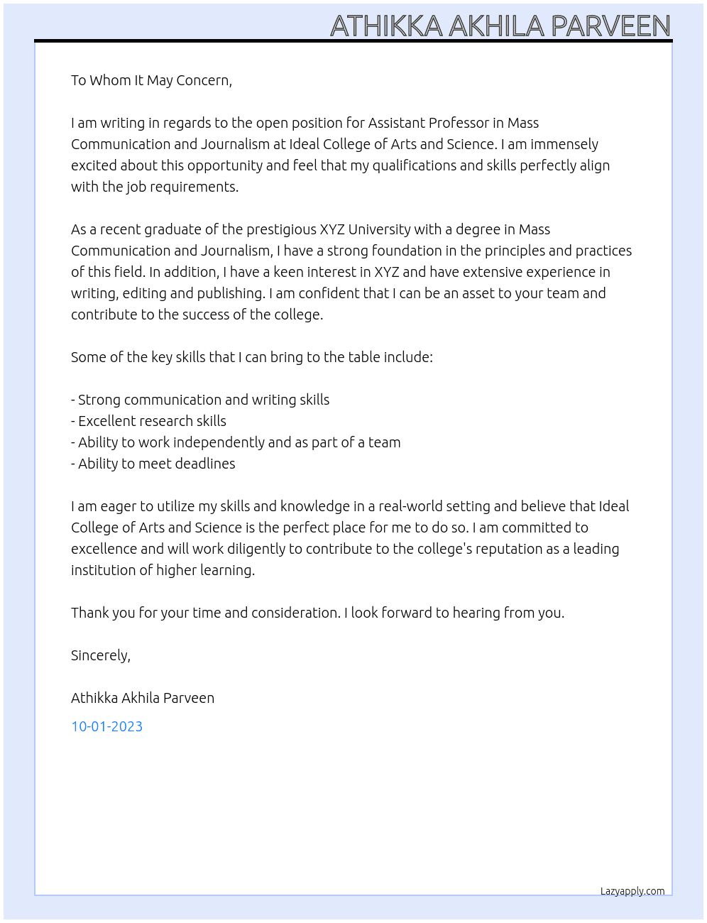 Assistant Professor in Mass Communication and Journalism At Ideal College of Arts and Science Cover Letter