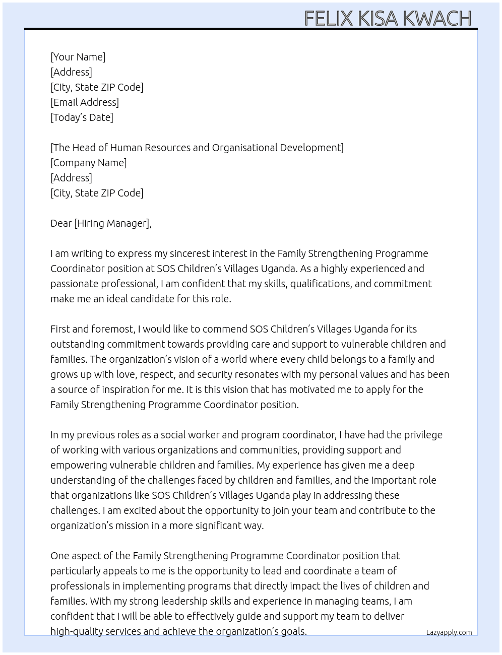  Family Strengthening Programme Coordinator At SOS Children’s Villages Uganda Cover Letter