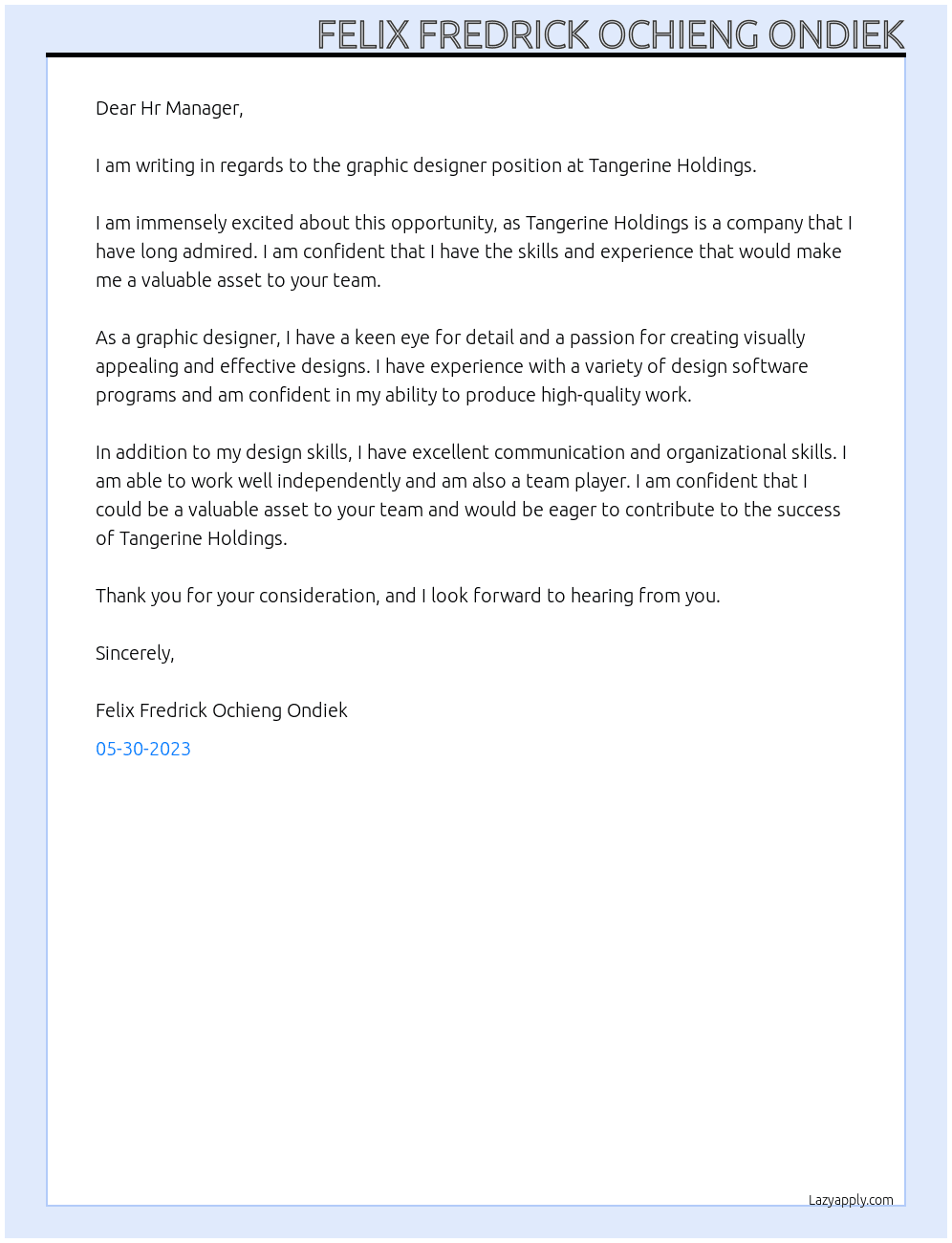 Graphic designer At Tangerine Holdings Cover Letter
