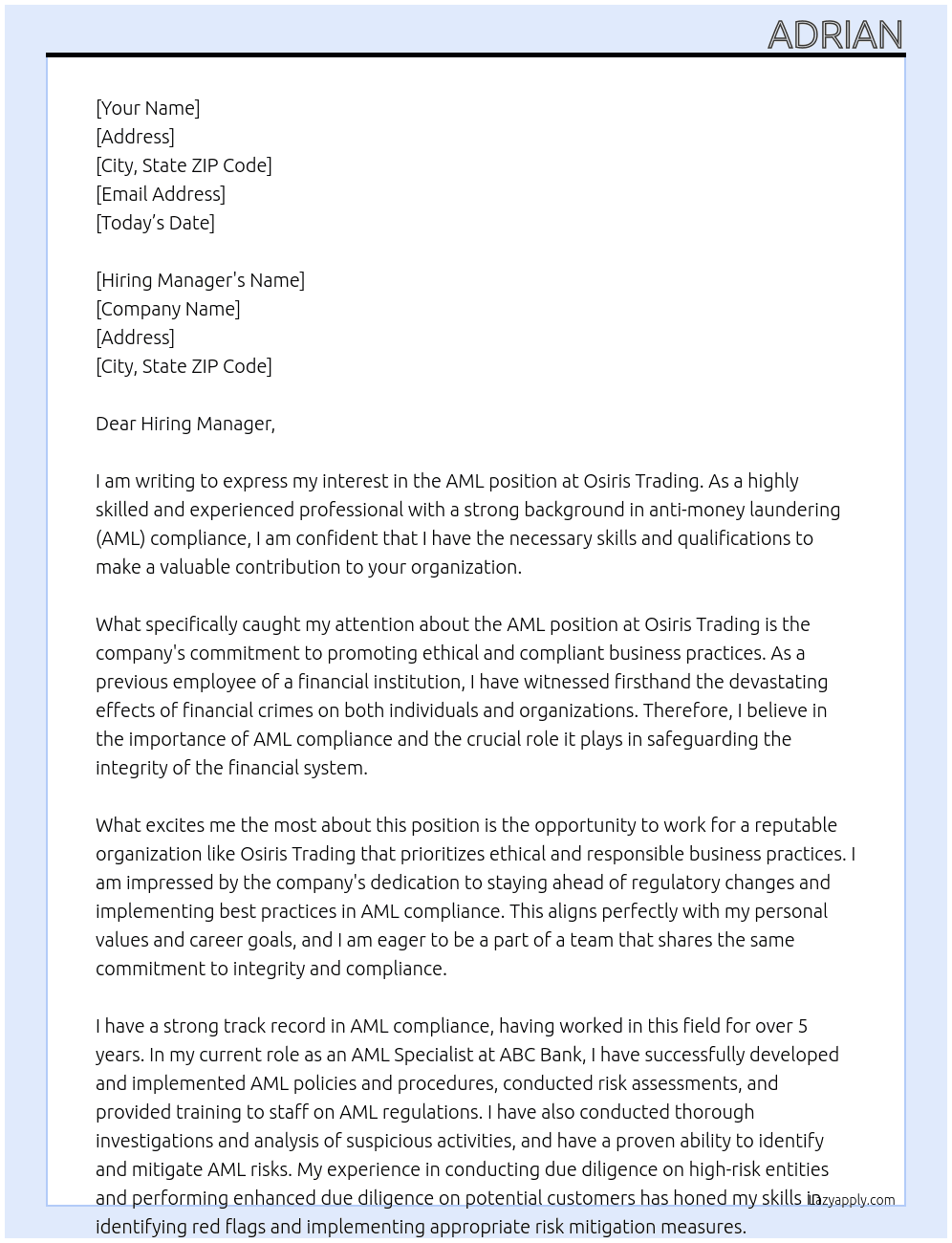 Aml At OSIRIS TRADING Cover Letter