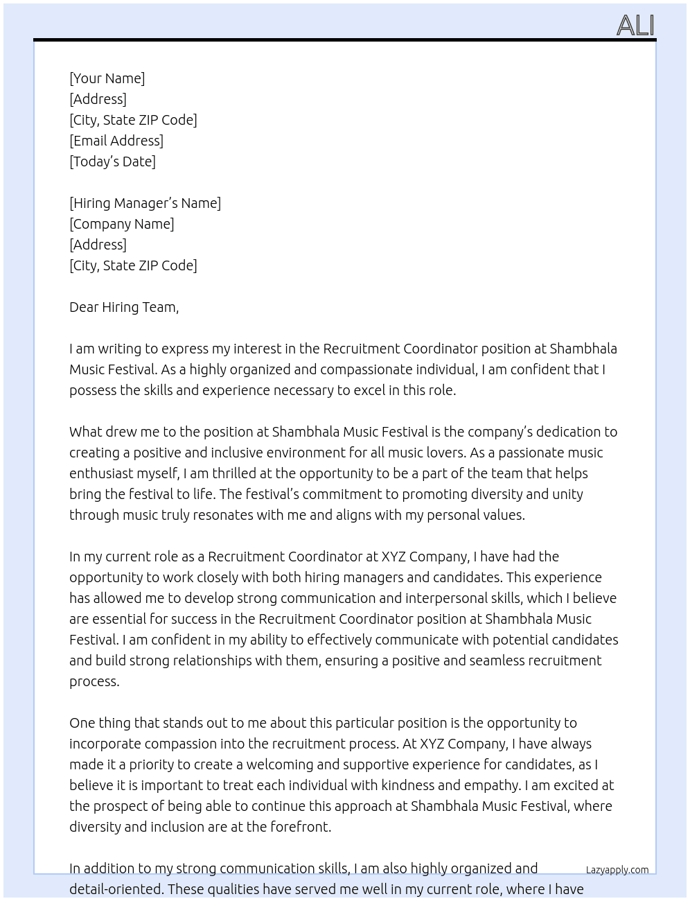 Recruitment Coordinator At Shambhala Music Festival Cover Letter