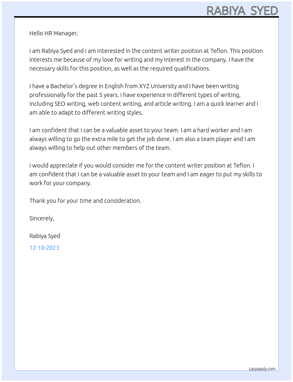 content writer At Teflon Cover Letter