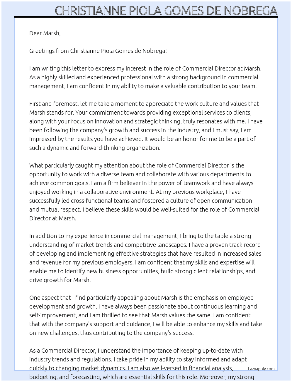 Commercial Director  At Marsh Cover Letter