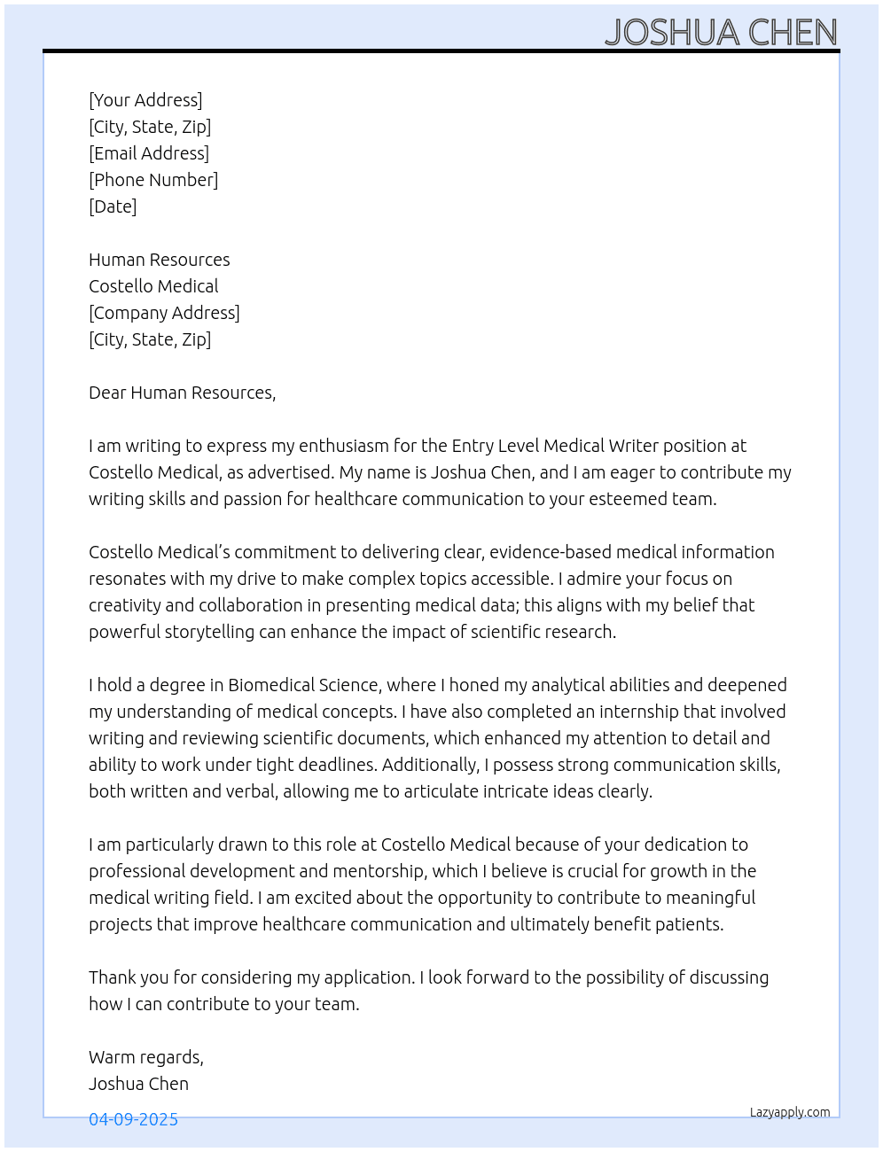 Entry Level Medical Writer At Costello Medical Cover Letter