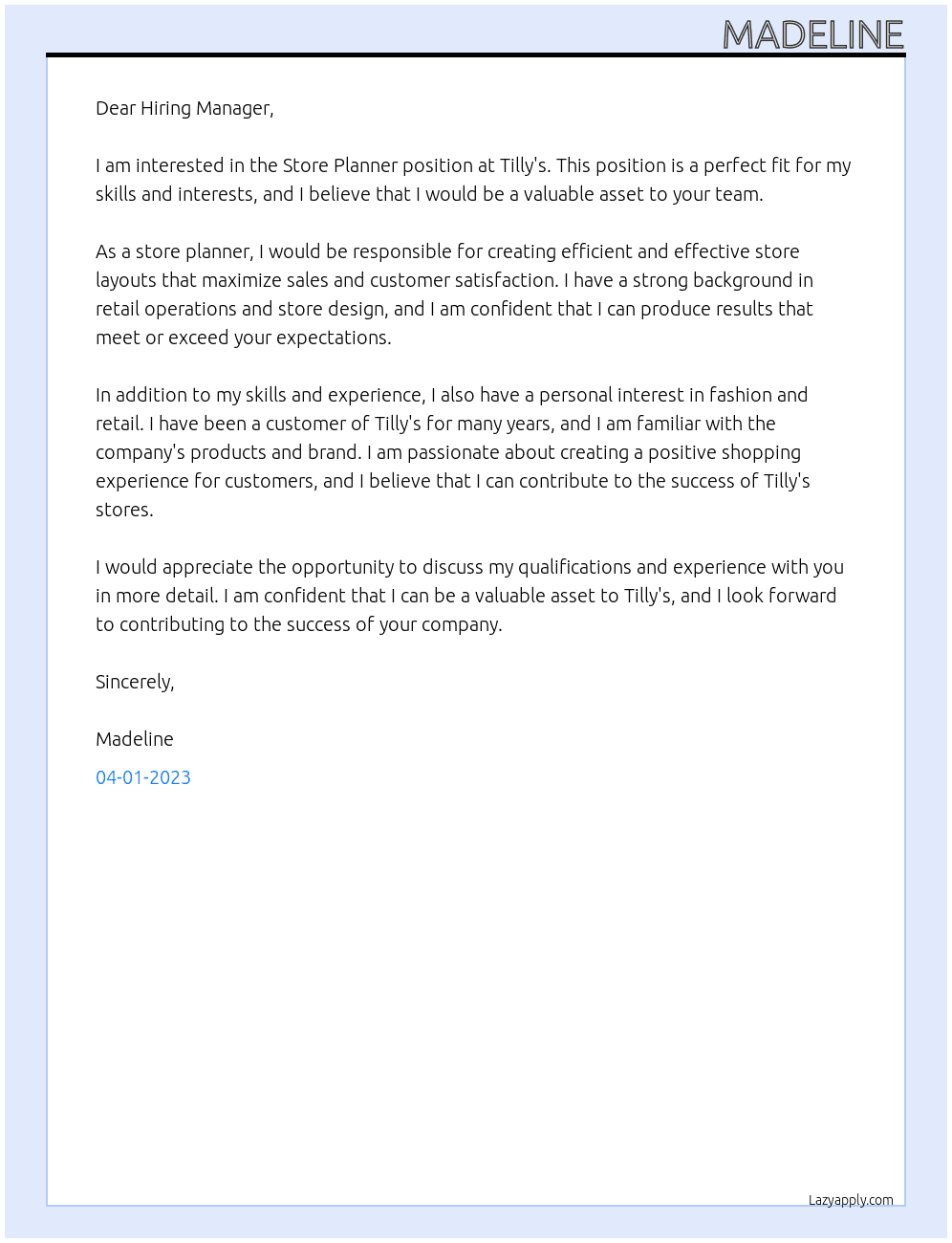 Store Planner At Tilly's Cover Letter